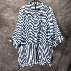 IC by Connie K Button Up Tunic Top Women's Plus 1X Blue White Striped Lagenlook